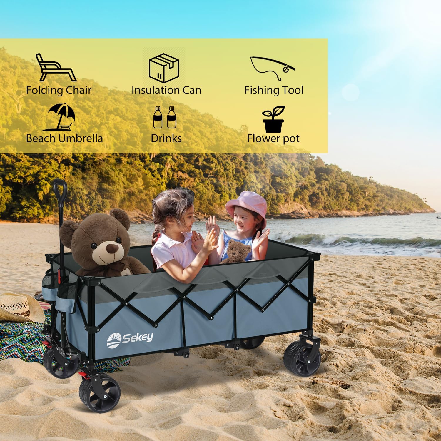 Sekey Carro plegable plegable de 48 pulgadas de largo con capacidad de peso de 420 libras, carro de jardín plegable de 300 litros de servicio pesado con ruedas de playa grandes todo terreno y soportes