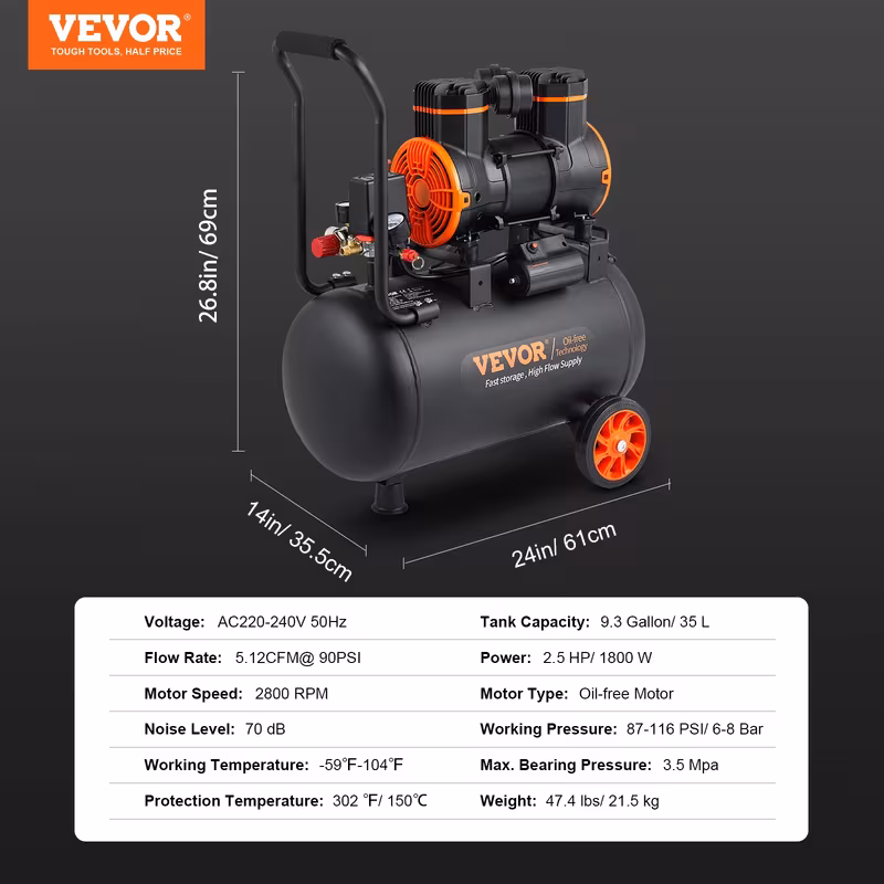 compresor de aire   de 9.3 galones 1800w   cfm@ 90psi 70 db ultra silencioso sin aceite Detalles del producto 4