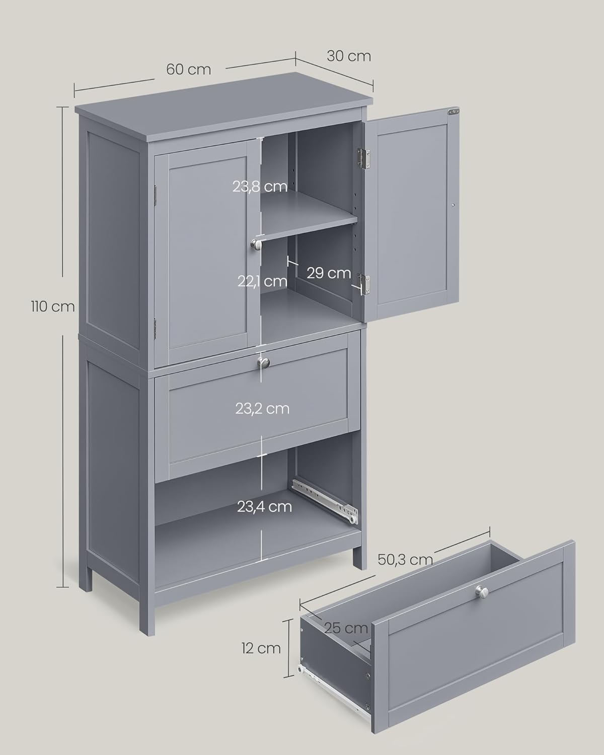 VASAGLE Mueble de Baño, Armario de Baño, Armario de Cocina, con 2 Puertas y 2 Cajones, Estantes Ajustables, 30 x 60 x 110 cm, Gris Paloma MBBC551G02
