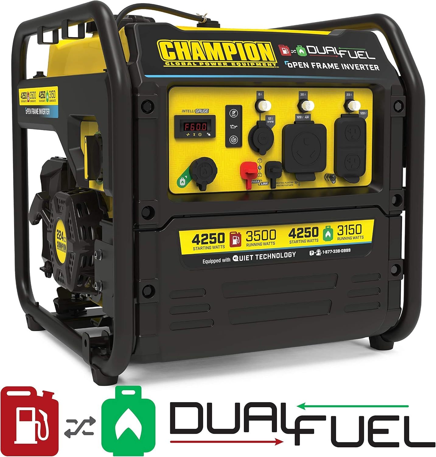 Champion Power Equipment 4250 W Dual Fuel RV Ready Portable Open Frame Inverter Generador con tecnología silenciosa