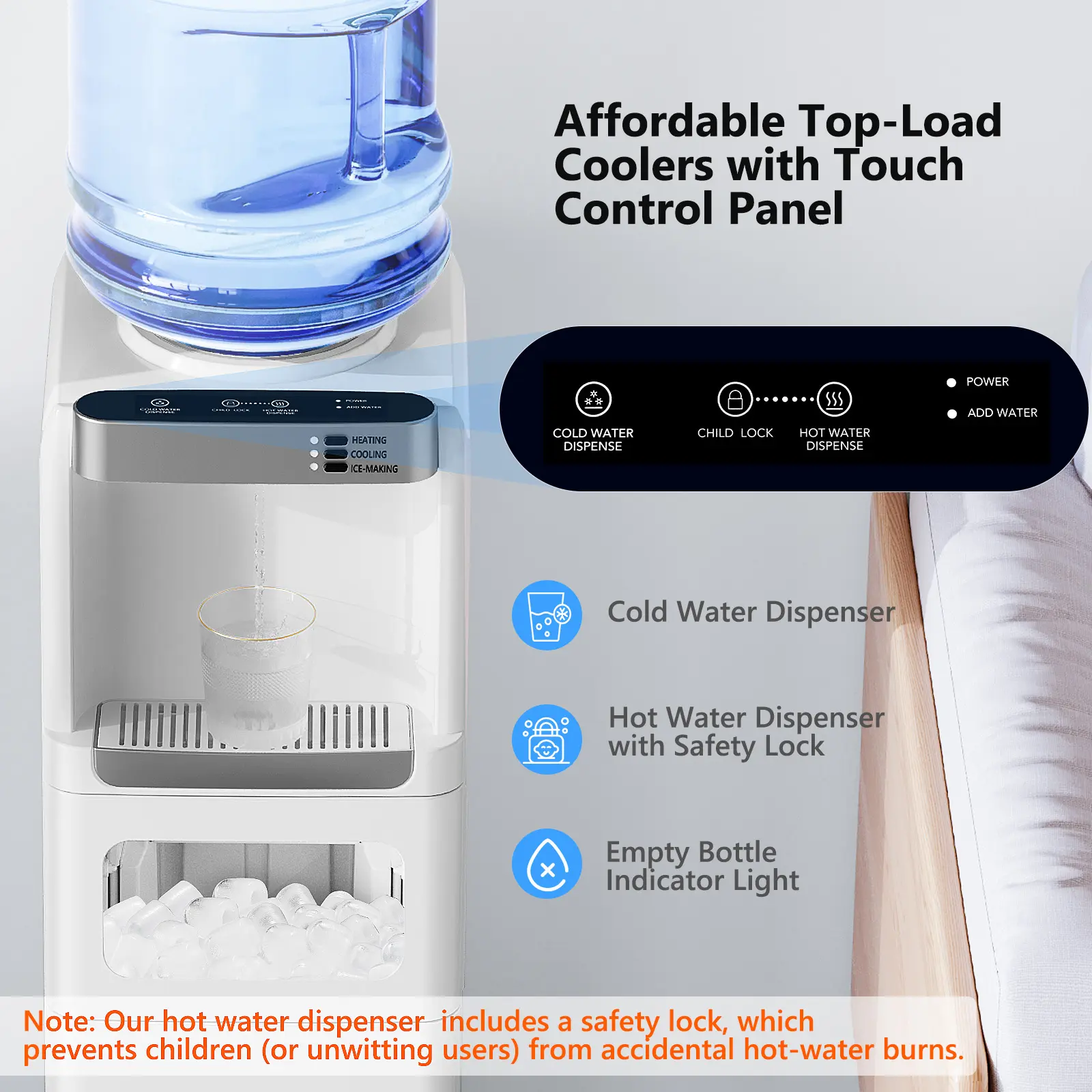Dispensador de agua con función de fabricación de hielo, enfriador de agua fría y caliente de carga superior para botellas de 5 galones — Incluye seguro de seguridad para niños.