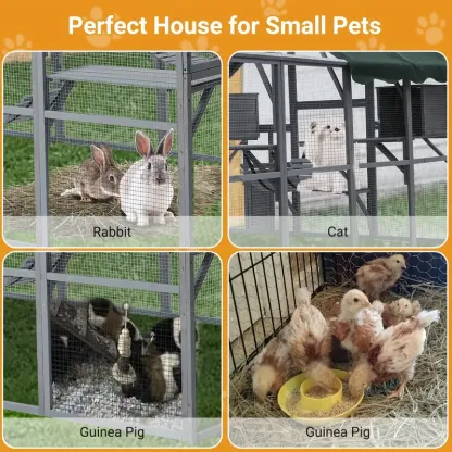 Gallinero de 110" para gatos, recinto grande para gatos, jaula de madera para gatos, conejera para conejos, casa para gatitos al aire libre con puentes, paseos, casitas, cubierta de techo.