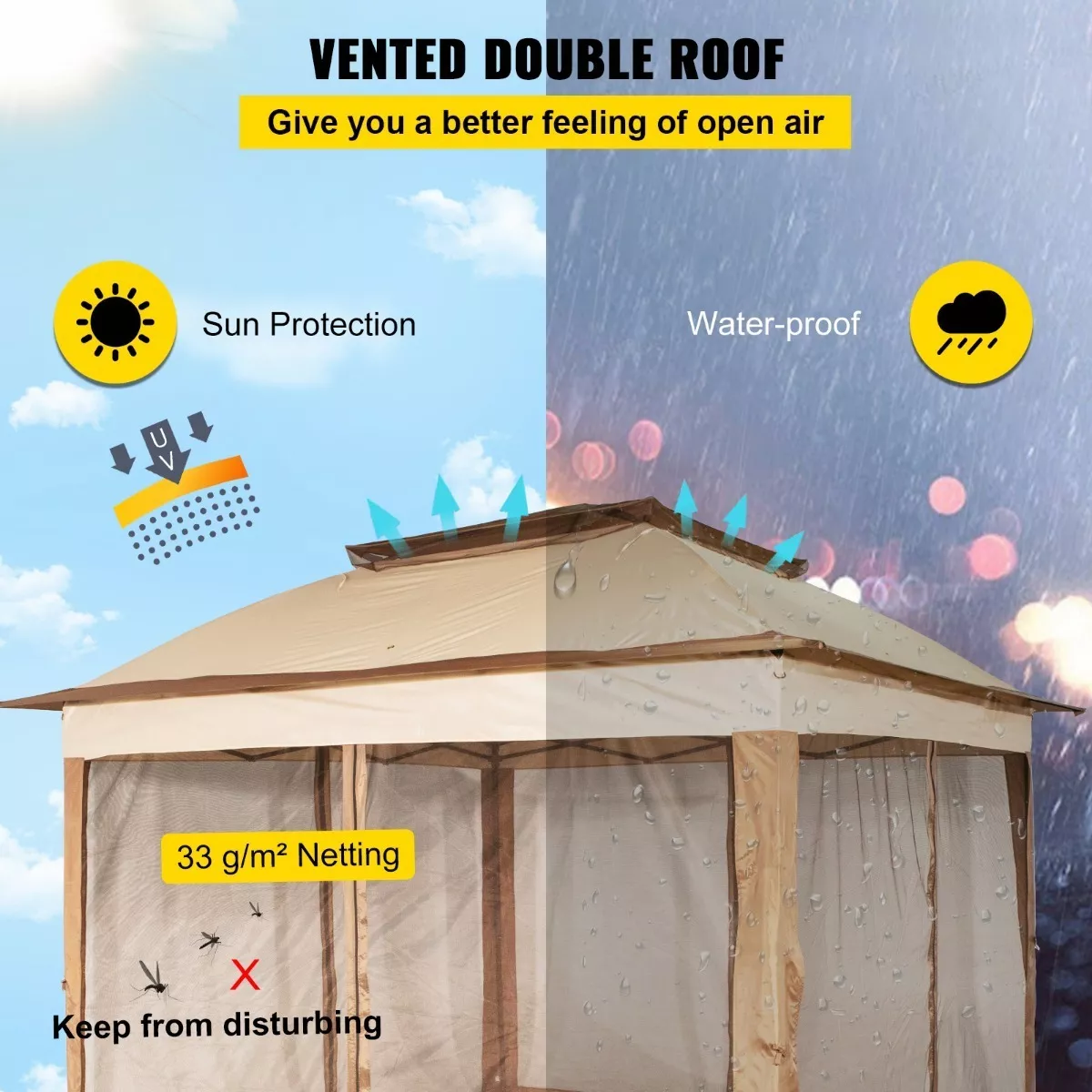 Toldo de tienda impermeable plegable reforzado Vevor 3,3 m * 3,3 m