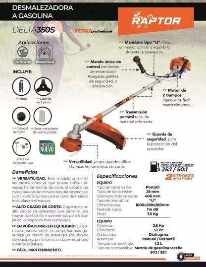 Desmalezadora RAPTOR Delta350, Motor Gasolina 2 Tiempos 52cc 2.5 HP, Tubo Plegable, Cabezal, Cuchilla, Arnés, Negro