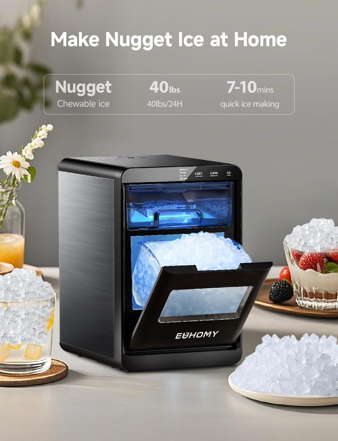 EUHOMY Nugget - Encimera para hacer hielo, máquina para hacer hielo de guijarros de 40 libras/24 horas, encimera autolimpiable, máquinas de hielo sónico con cuchara de hielo y cesta, máquina para