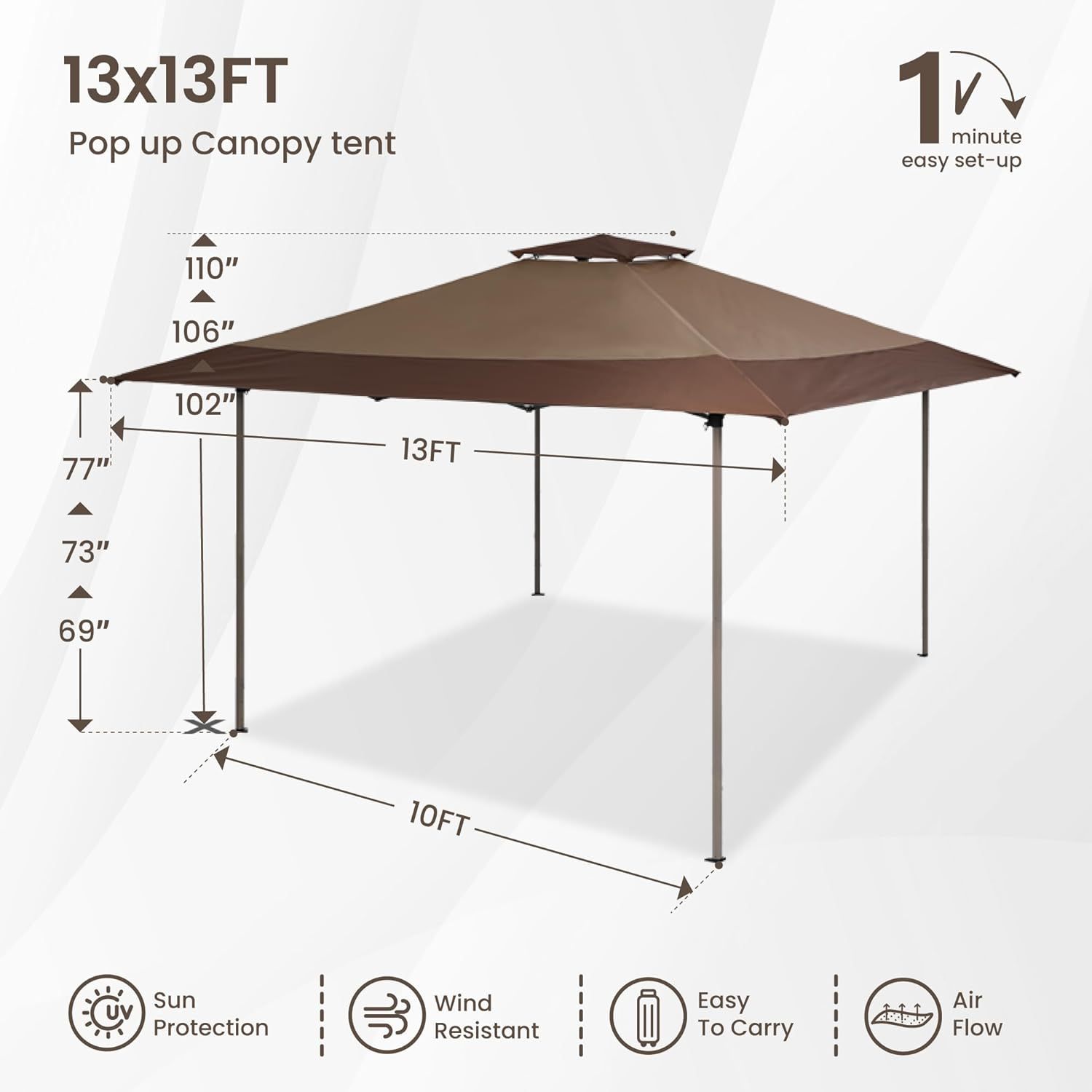 PHI VILLA - Toldo parasol con bloqueo UV de 4 x 4 m con kits de herramientas, pantalla de cenador para patio al aire libre, eventos de jardín, marrón-Clavijas de tierra para tienda de campaña al aire libre, clavijas para campamento con dosel