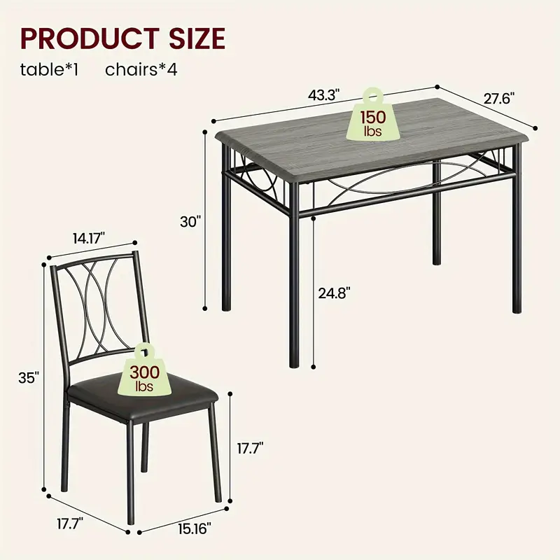 Juego de mesa de comedor para 4 personas, juego de mesa y sillas de comedor de cocina de 5 piezas, juego de muebles de mesa de comedor, adecuado para apartamentos de cocina