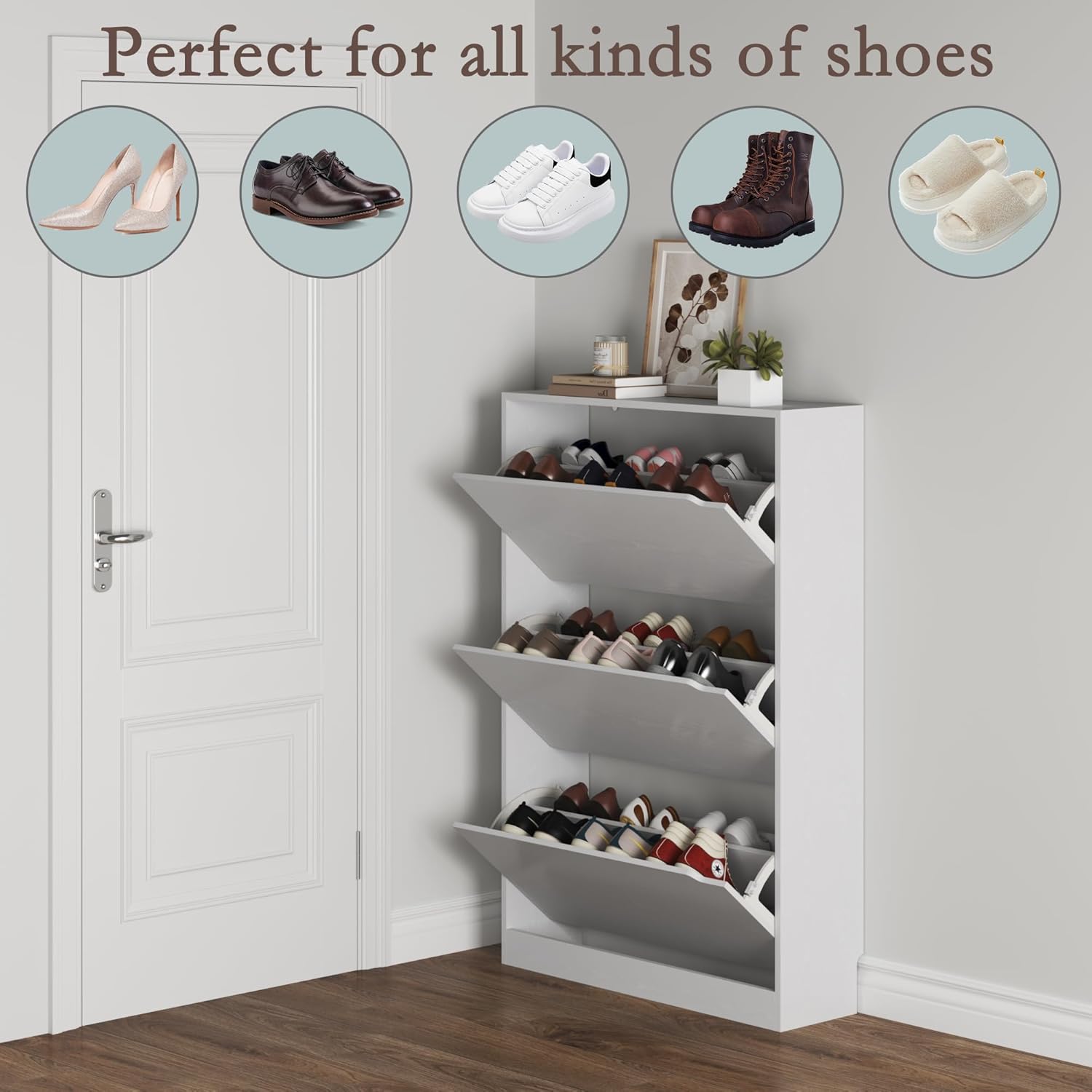 clóset de zapatos con 3 cajones abatibles, clóset de madera oculto, clóset de almacenamiento de zapatos no empotrado para entrada, pasillo, color blanco 47 pulgadas de alto x 31.5 pulgadas