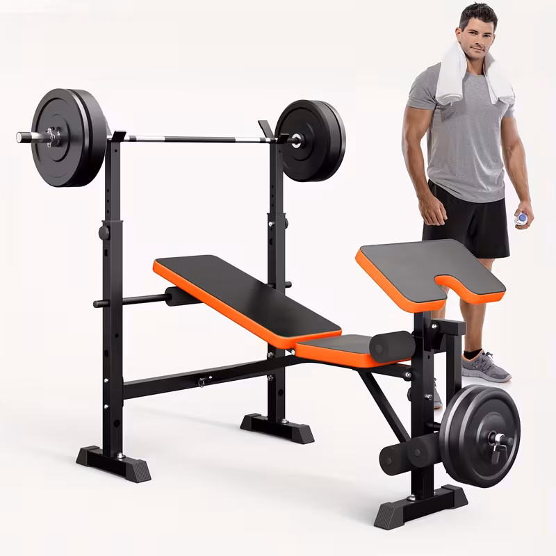   de pesas ajustable 6 en 1 con soporte para sentadillas -   de gimnasio plegable   resistencia, capacidad de 272.16 kg,   inclinado/declinado, barras para extensiones de piernas y curvas de  , acolchado  ,   para entrenamiento de cuerpo completo () Detalles del producto 0