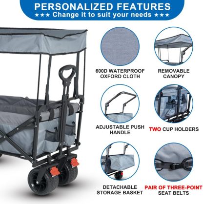 SKYMANOR Carro de jardín plegable 3 en 1 con toldo para niños y carga, carriola plegable EZ ruedas todo terreno, 300 libras, 2 portavasos para cinturón de seguridad, color negro, SKYDPBB