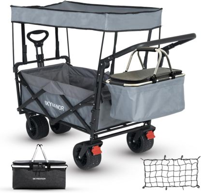 SKYMANOR Carro de jardín plegable 3 en 1 con toldo para niños y carga, carriola plegable EZ ruedas todo terreno, 300 libras, 2 portavasos para cinturón de seguridad, color negro, SKYDPBB