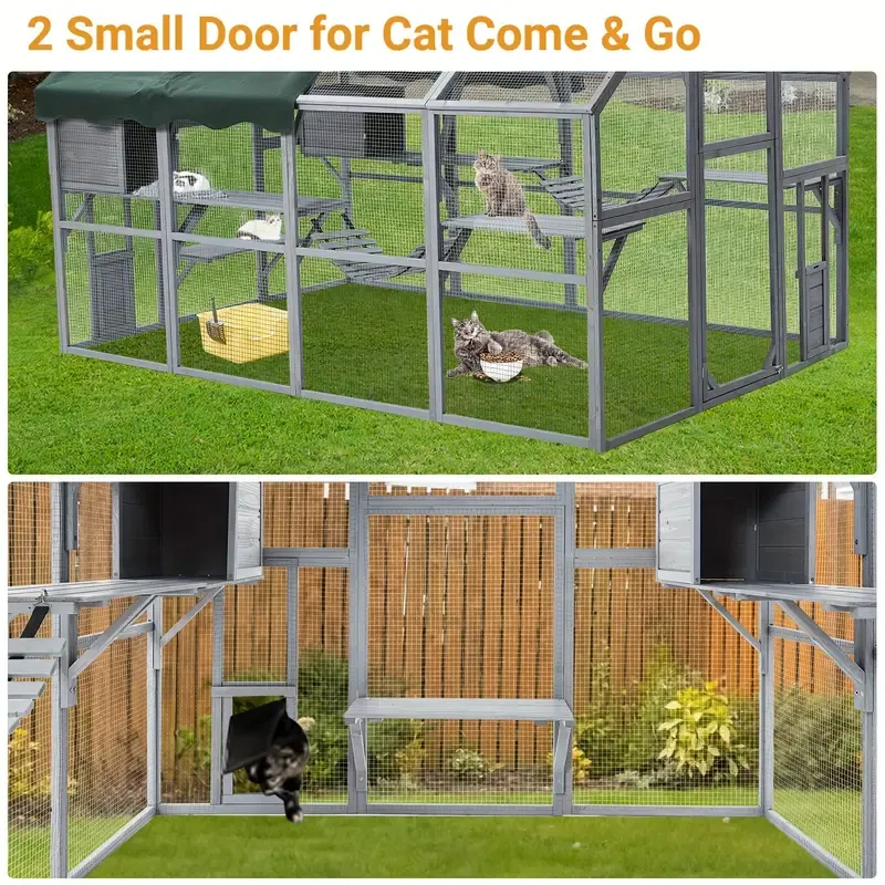 Gallinero de 110" para gatos, recinto grande para gatos, jaula de madera para gatos, conejera para conejos, casa para gatitos al aire libre con puentes, paseos, casitas, cubierta de techo.