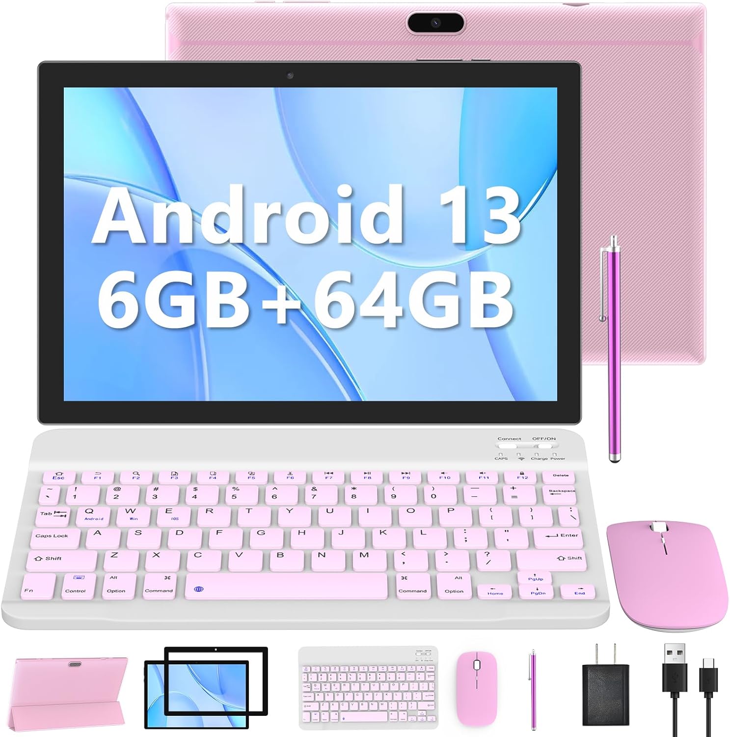 Tablet con teclado 2 en 1, Android 11, 10.1 pulgadas FHD, con teclado/mouse/funda/lápiz capacitivo/película templada, 64 GB+2 GB, Wi-Fi, cámara dual 8 MP, procesador quad core, batería 6,000 mAh, rosa
