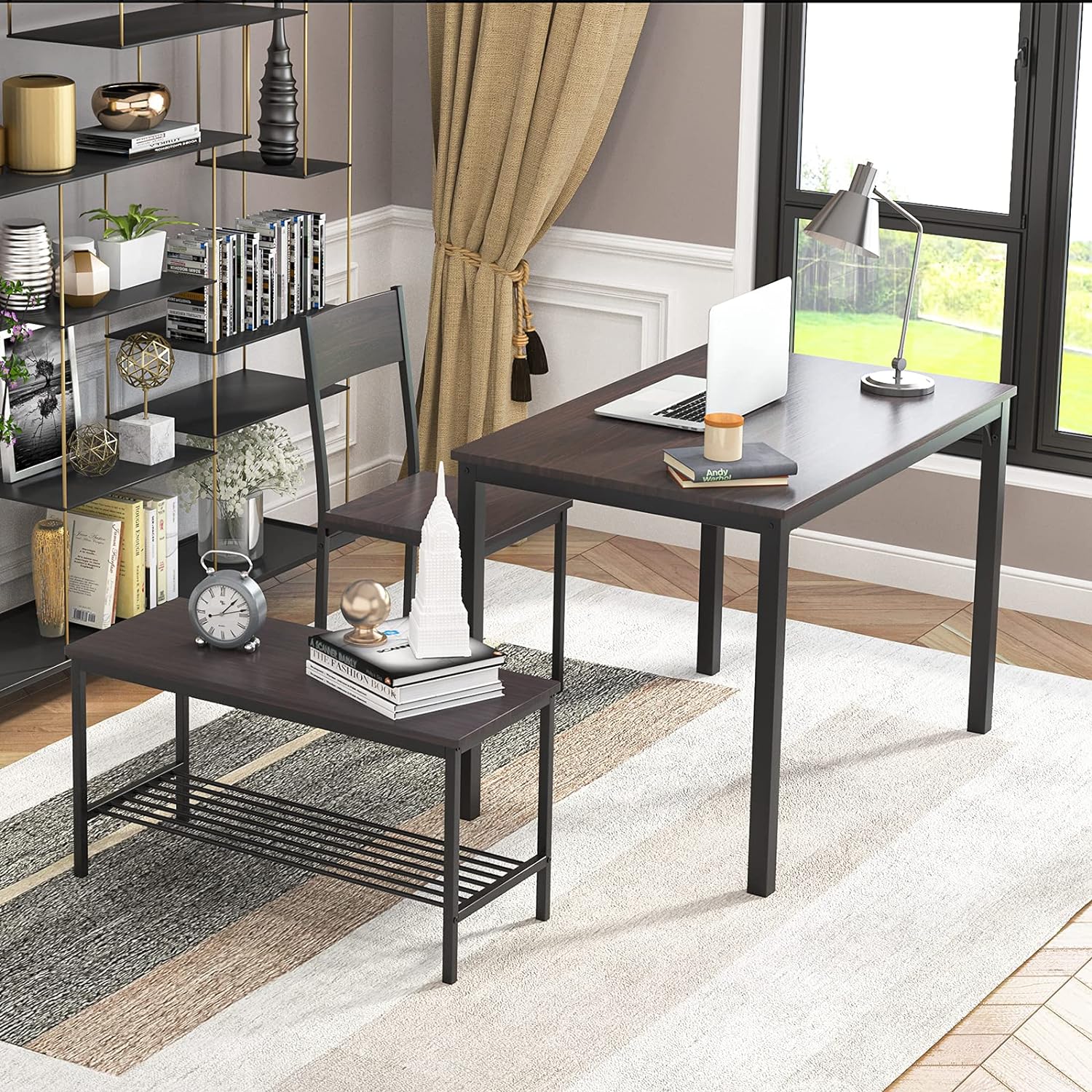 soges - Juego de mesa de comedor para 4 personas, juego de mesa de cocina de 43.5 pulgadas para sillas de 4,2 con respaldo, banco para 2 personas con estante de almacenamiento, juego de muebles para comedor y restaurante, roble rústico-trapo