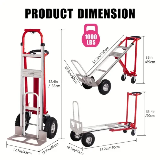 Carro industrial plegable de alta resistencia con capacidad de 1000 libras, diseño 3 en 1, con 4 ruedas, plataforma plegable, carretilla de mano de aluminio para mudanzas en almacenes, supermercados, jardines.