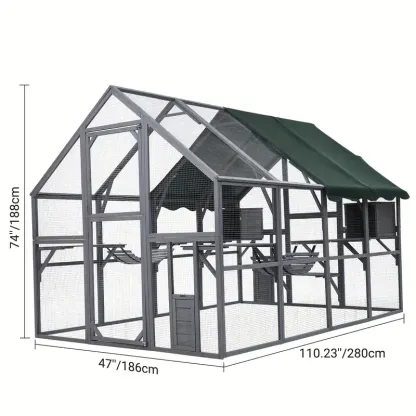 Gallinero de 110" para gatos, recinto grande para gatos, jaula de madera para gatos, conejera para conejos, casa para gatitos al aire libre con puentes, paseos, casitas, cubierta de techo.