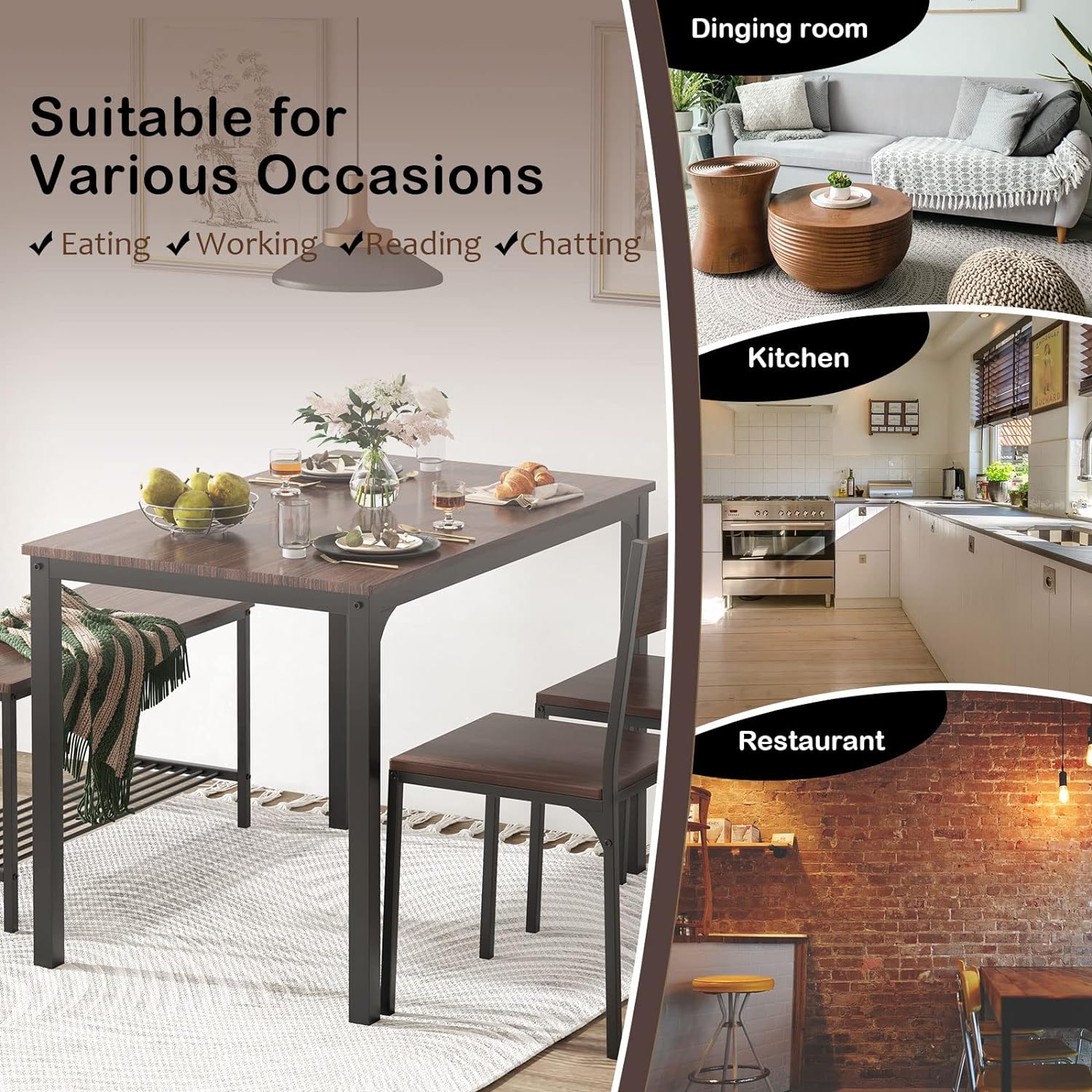 soges - Juego de mesa de comedor para 4 personas, juego de mesa de cocina de 43.5 pulgadas para sillas de 4,2 con respaldo, banco para 2 personas con estante de almacenamiento, juego de muebles para comedor y restaurante, roble rústico-trapo