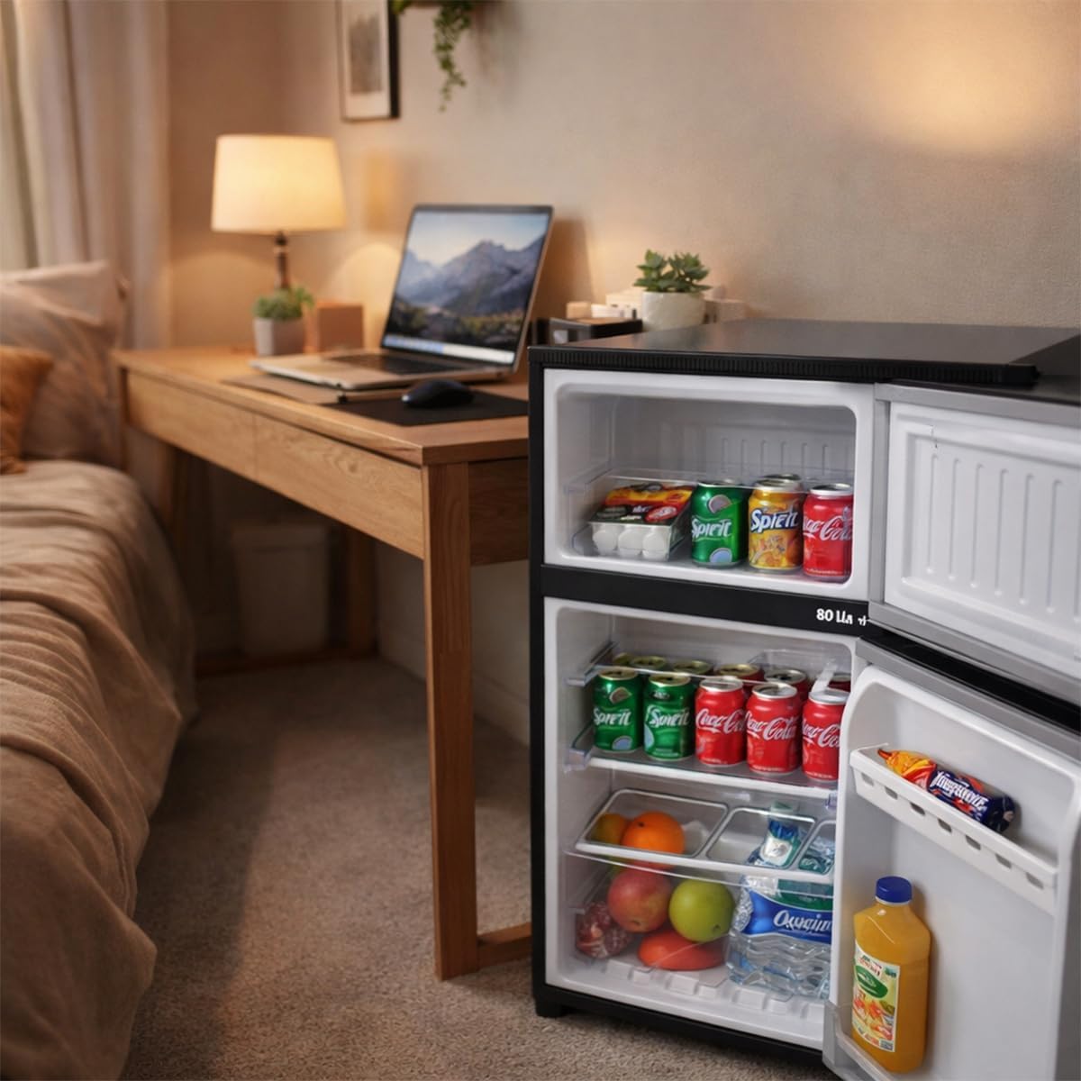 JOLBIRD Frigobar Minibar 80L con Congelador Compacto Silencioso Temperatura Ajustable Bajo Consumo 110V Ideal para Oficina Recámara Hotel y Negocio Enfriador de Bebidas y Alimentos (Negro)