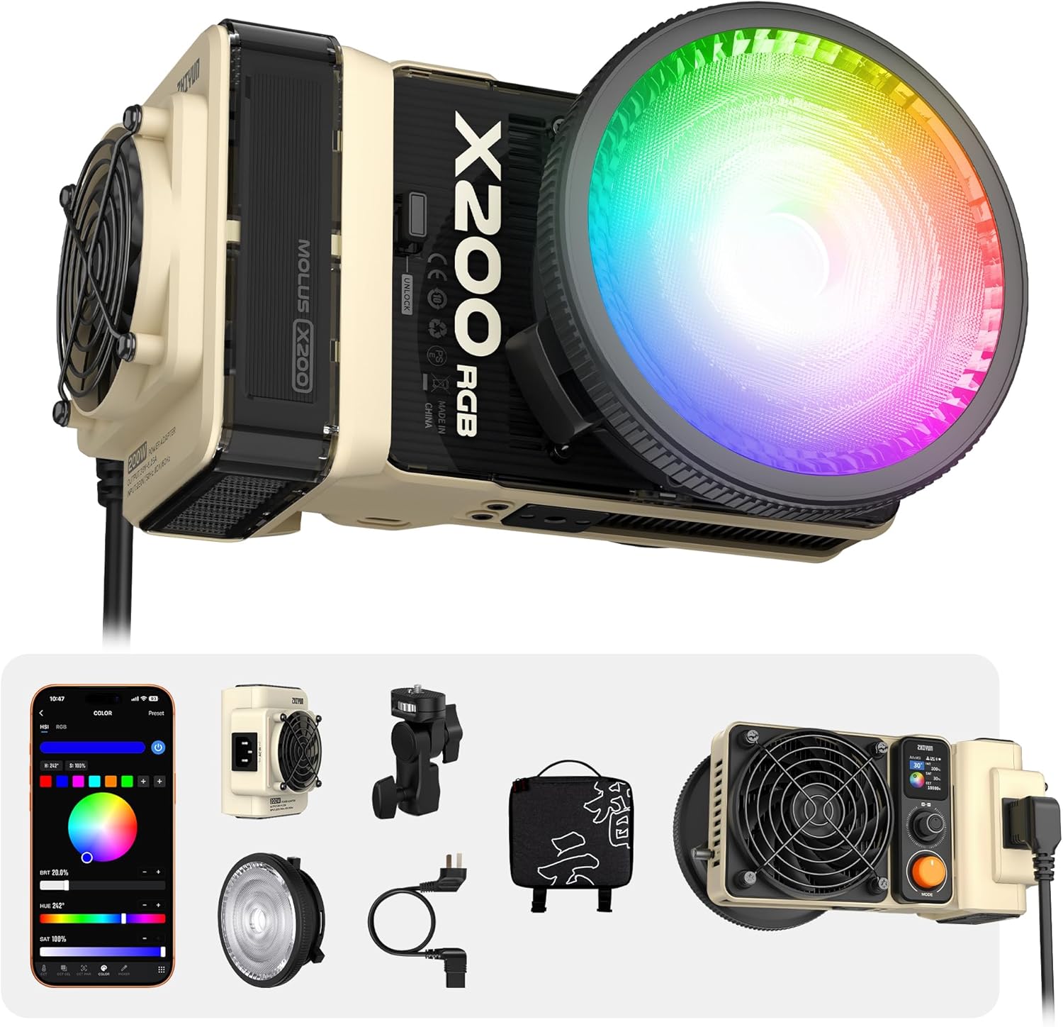 ZHIYUN MOLUS X100 RGB PRO 100W Video Light [Official] V2 Upgraded Version Professional Photography Lighting Portable Continuous Output Lighting 2500K~10000K CRI≥95 TLCI ≥97 Only 384g