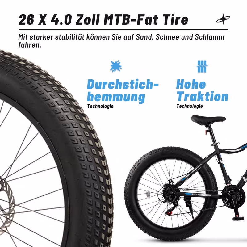 bicicleta de montaña, fat bike, neumático   de 26 pulgadas 4.0 mtb, transmisión shimano de 21 velocidades,   de disco mecánicos,   de  , ideal para uso   en montañas,   o  , etc Detalles del producto 6