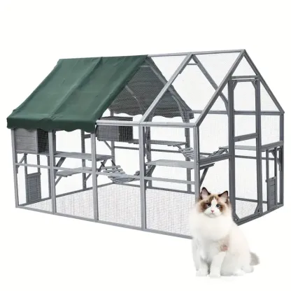 Gallinero de 110" para gatos, recinto grande para gatos, jaula de madera para gatos, conejera para conejos, casa para gatitos al aire libre con puentes, paseos, casitas, cubierta de techo.