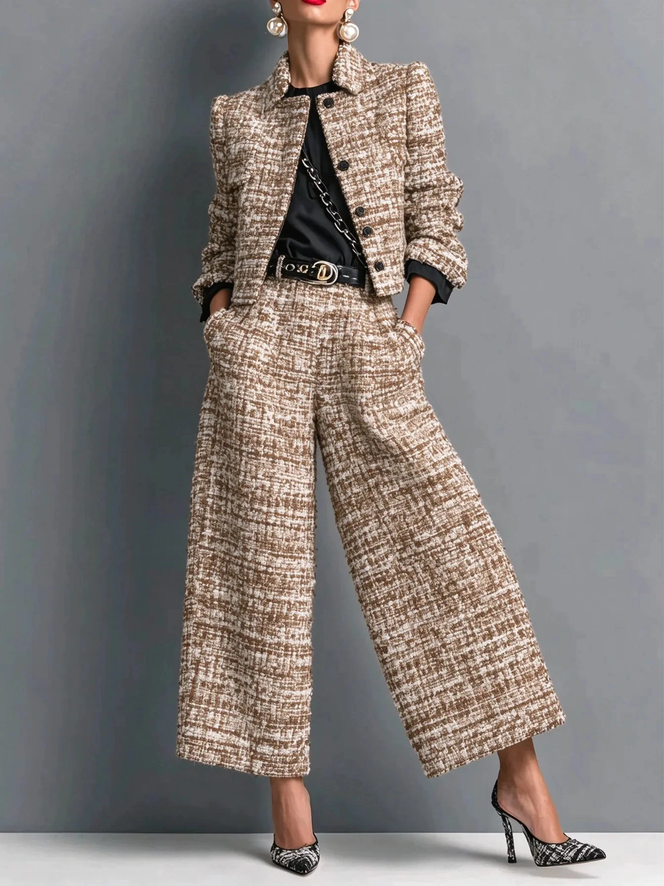 🎃Halloween Sale🎃Tweed Jacket Wide Leg Pants Set