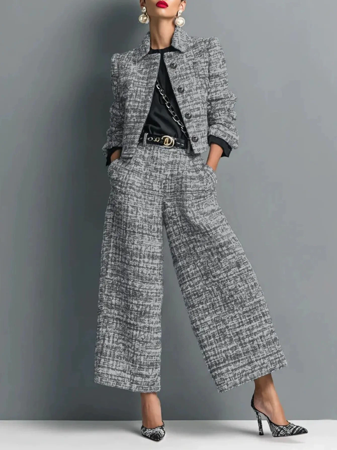 🎃Halloween Sale🎃Tweed Jacket Wide Leg Pants Set
