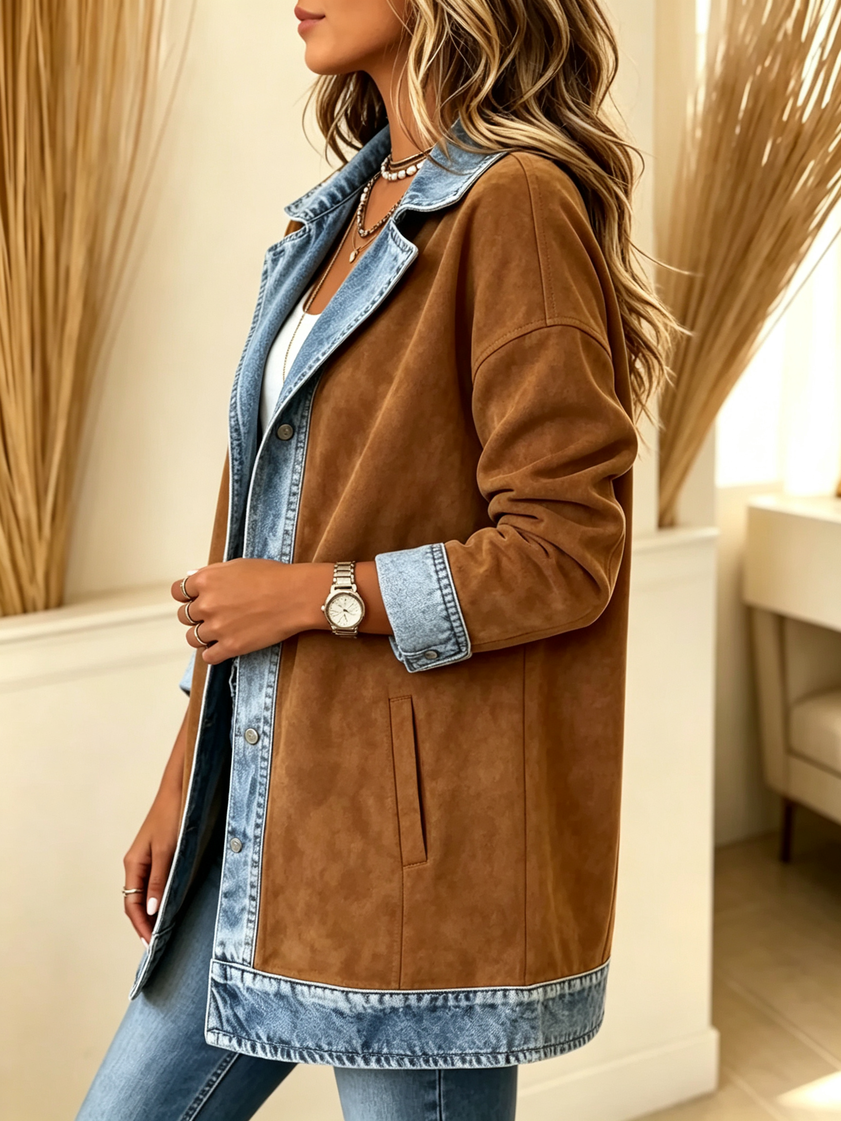 Faux Suede Denim Patchwork Lapel Jacket