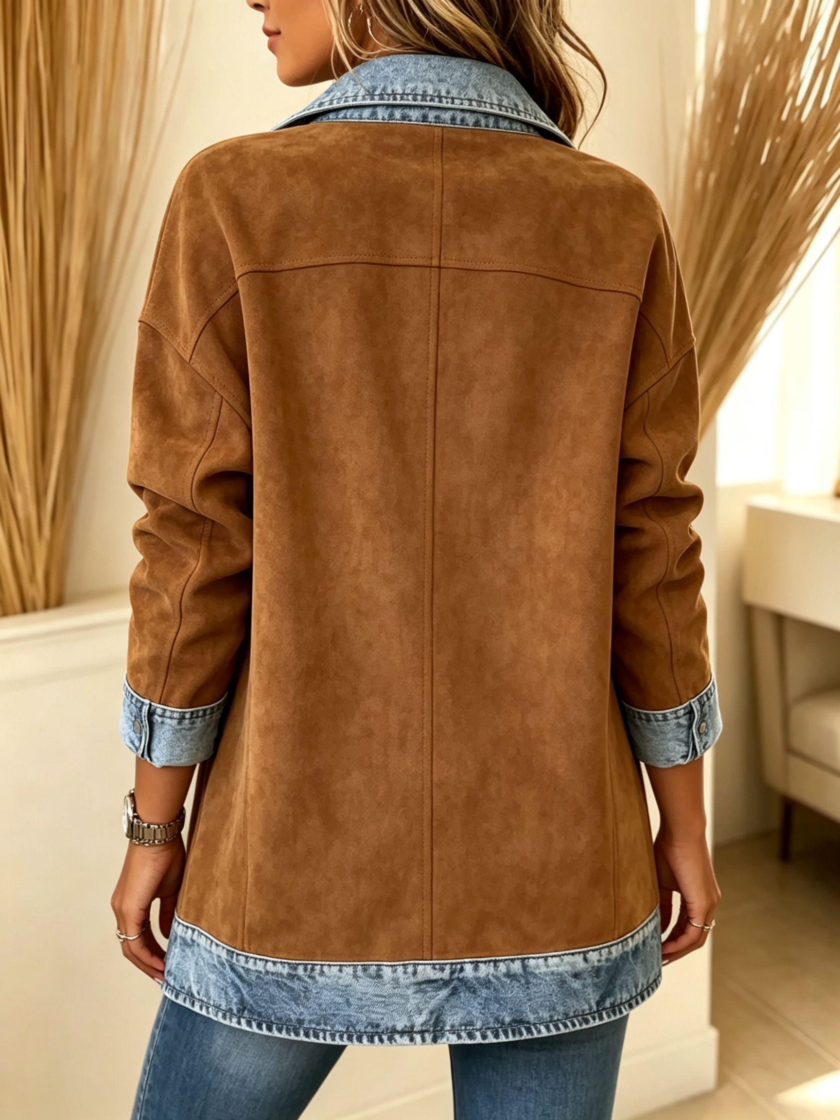 Faux Suede Denim Patchwork Lapel Jacket