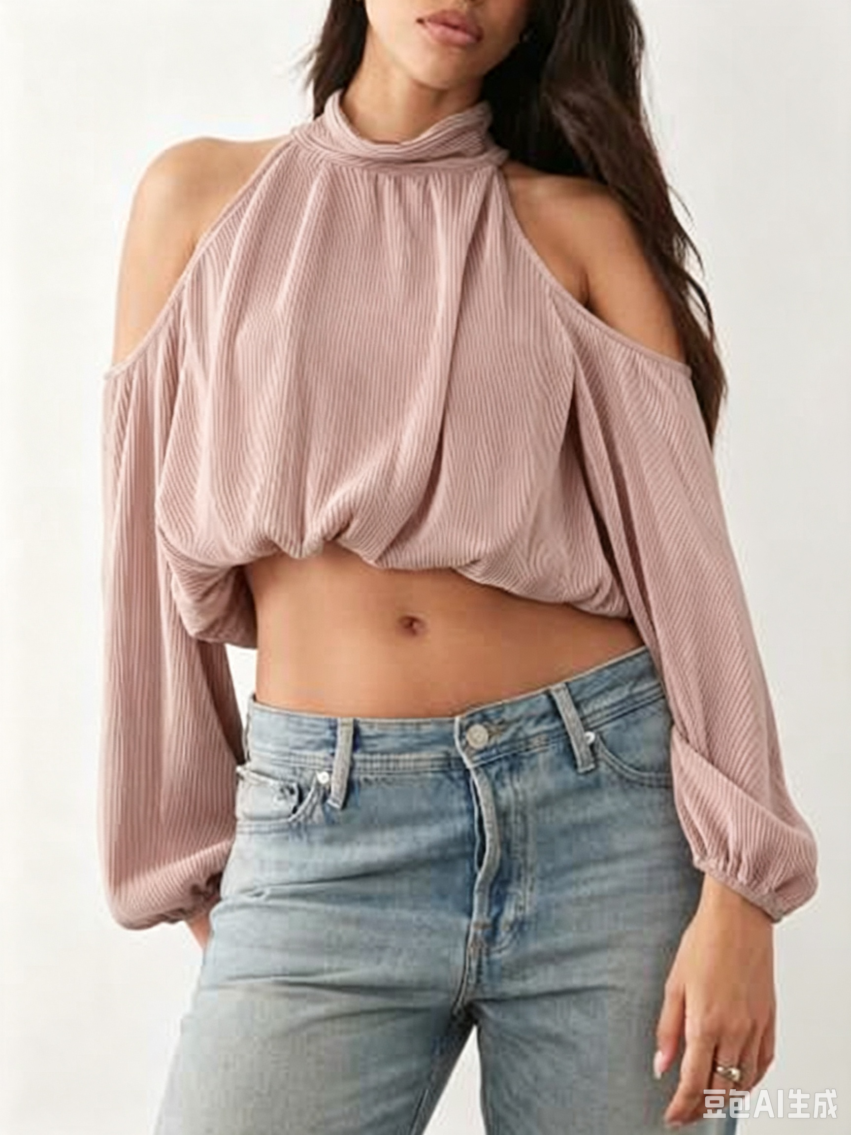 Women’s Off Shoulder Knit Top Mock Neck Long Sleeve Cropped Cutout Blouse