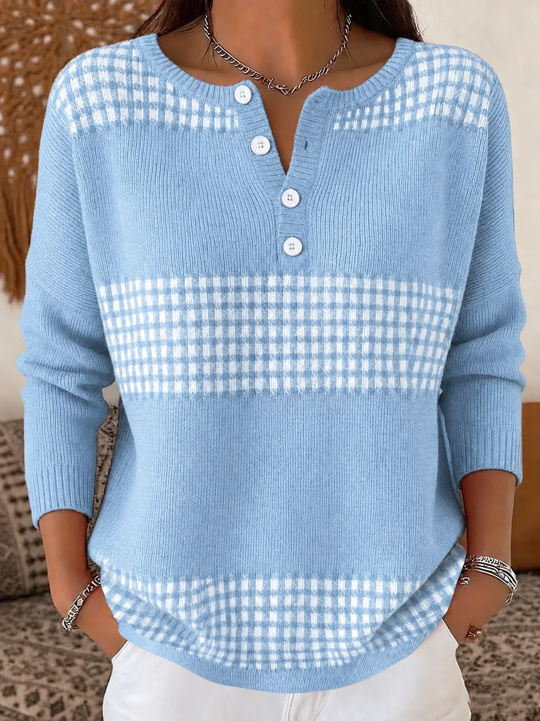 Women’s Half-Button Round Neck Plaid Colorblock Knit Sweater