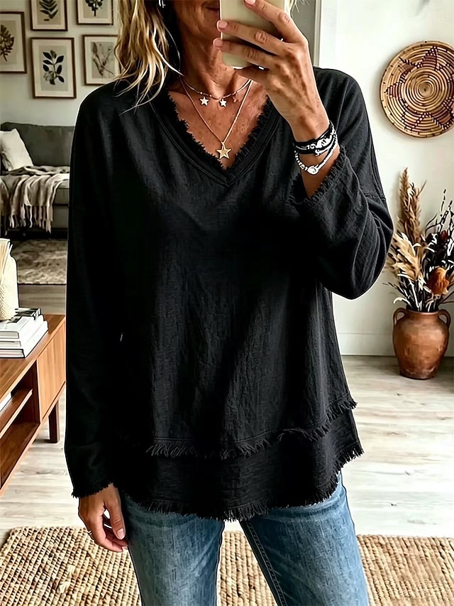 Women’s Fringe Trim V Neck Long Sleeve Top Casual Loose Fit Textured Blouse
