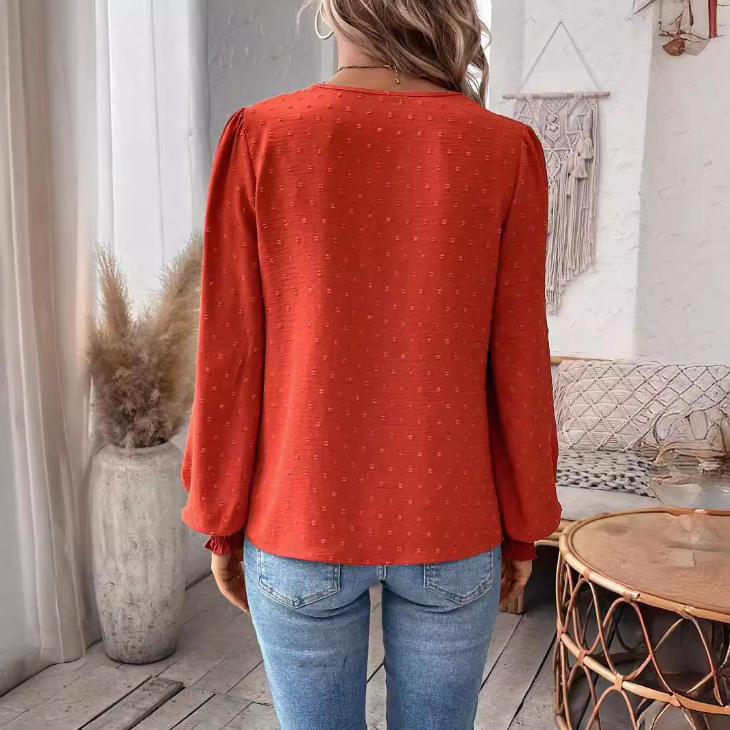 Women’s Lace Patchwork V Neck Blouse, Swiss Dot Puff Long Sleeve Casual Top