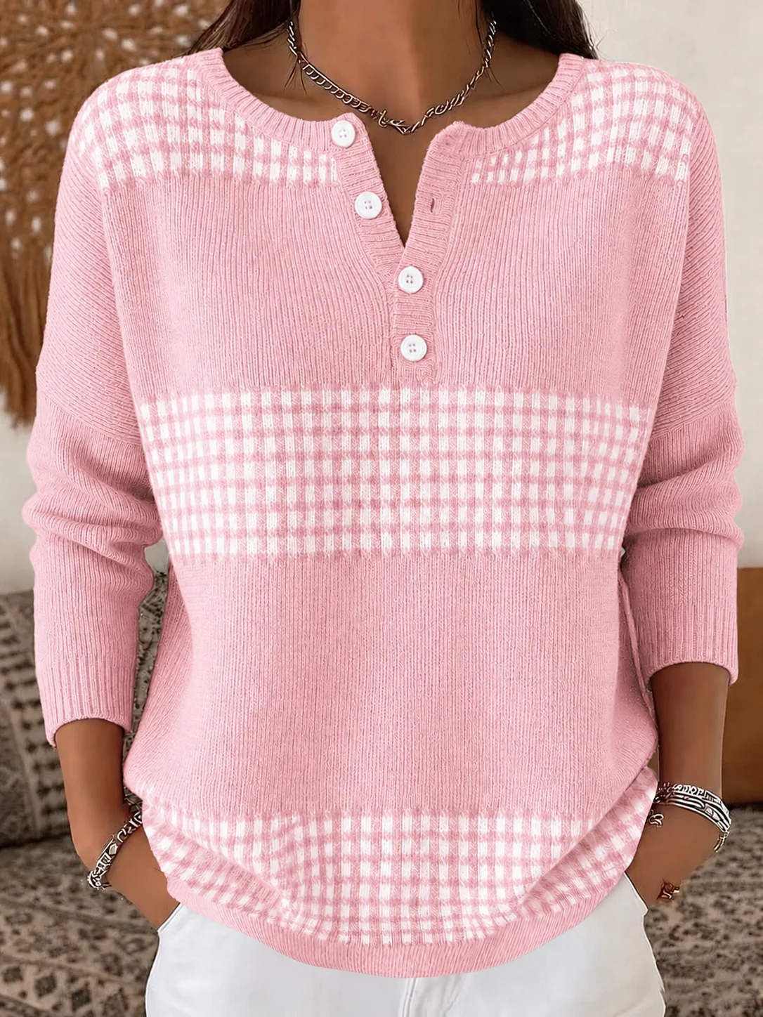 Women’s Half-Button Round Neck Plaid Colorblock Knit Sweater