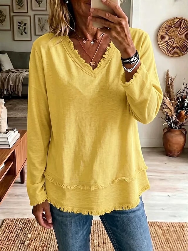 Women’s Fringe Trim V Neck Long Sleeve Top Casual Loose Fit Textured Blouse