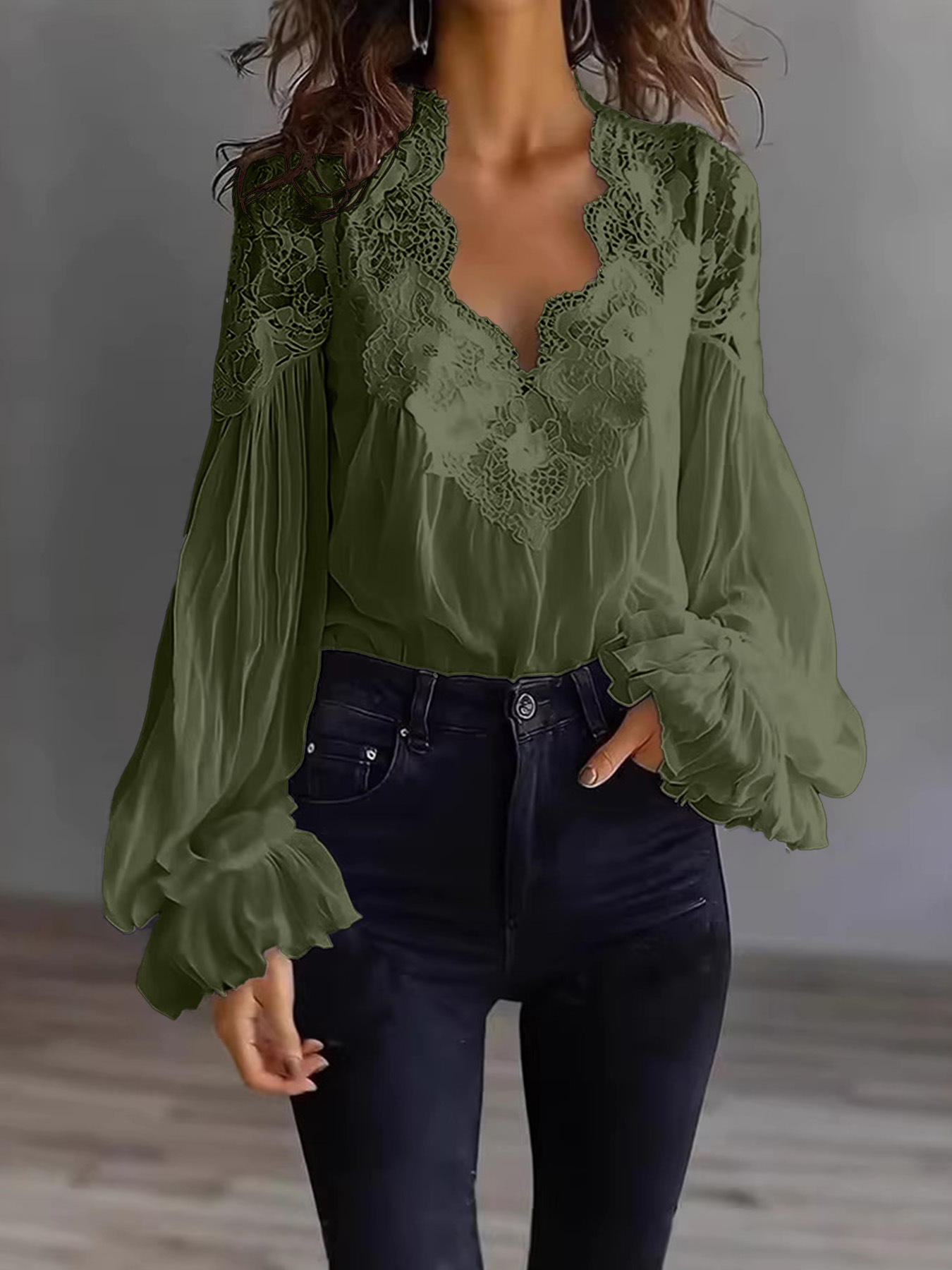 Lace V-Neck Lantern Sleeve Blouse