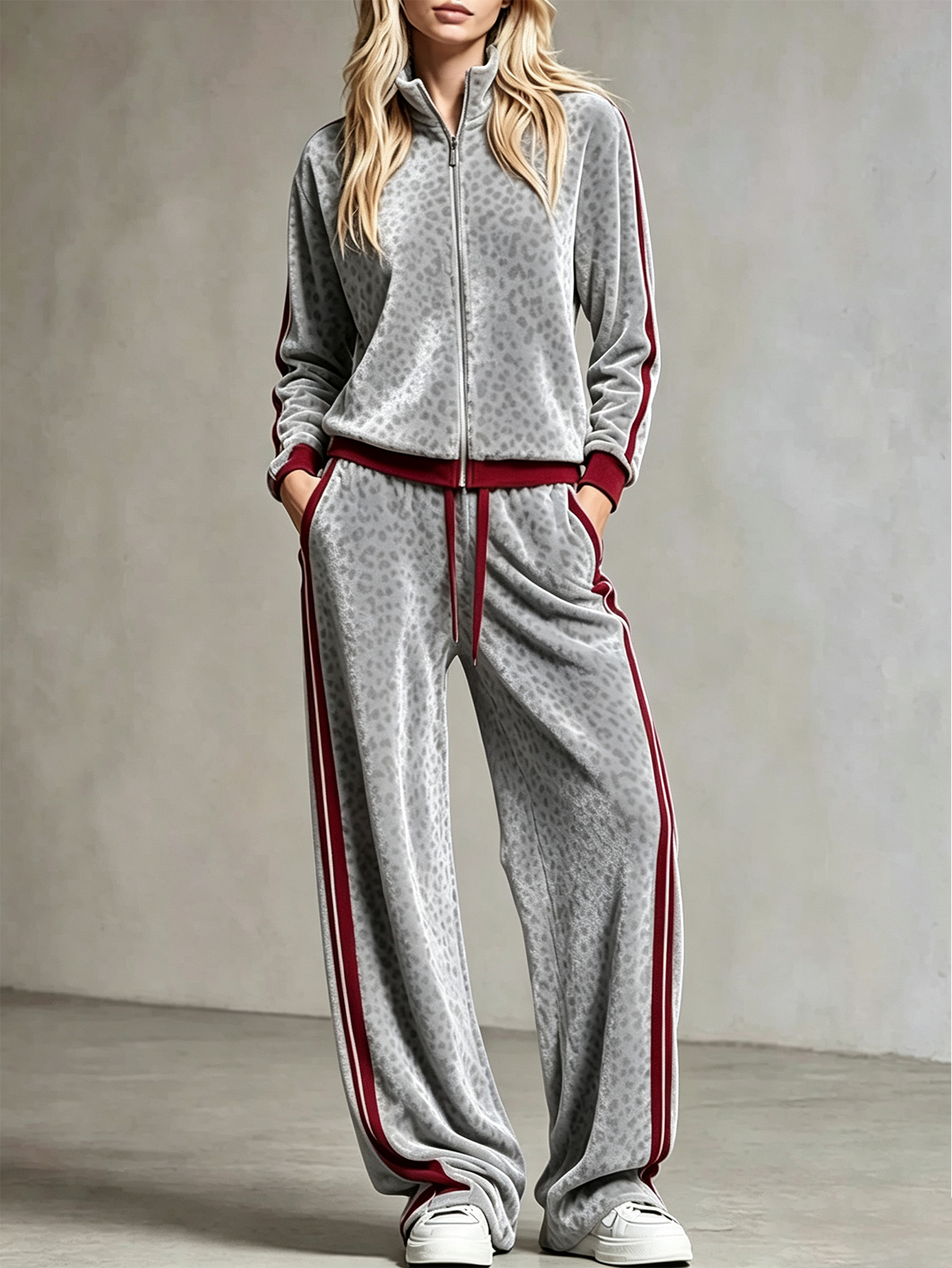 🐆 Women’s Leopard Print Velour Tracksuit Zip‑Up Jacket & Wide Leg Pants 2‑Piece Outfit