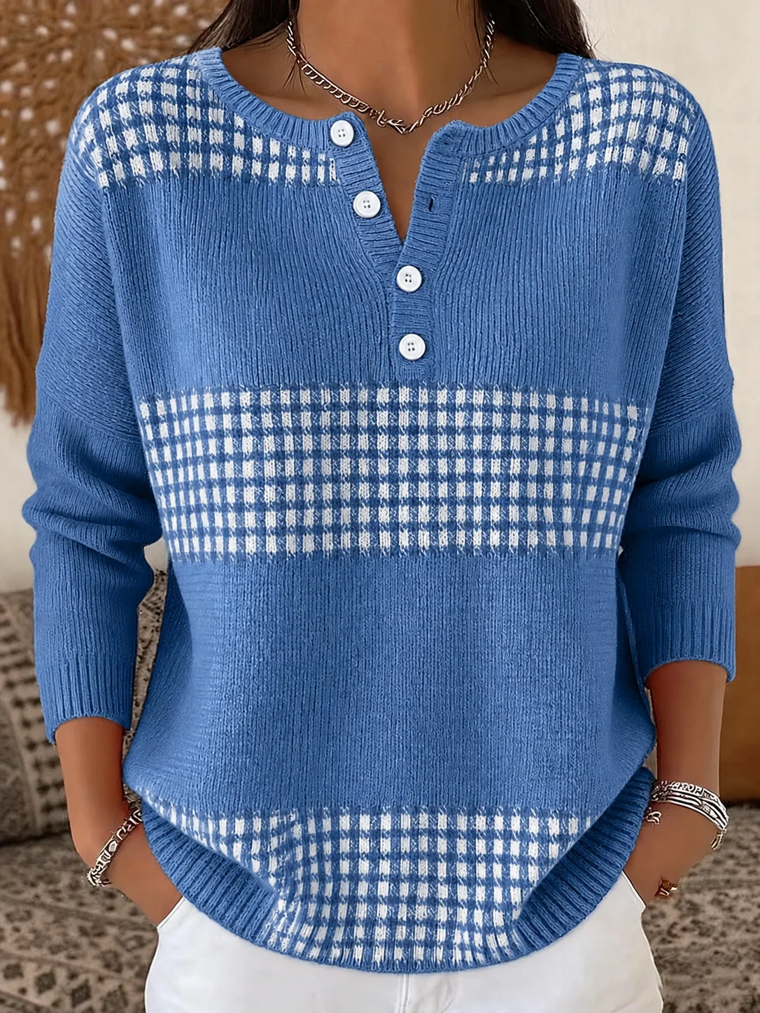 Women’s Half-Button Round Neck Plaid Colorblock Knit Sweater