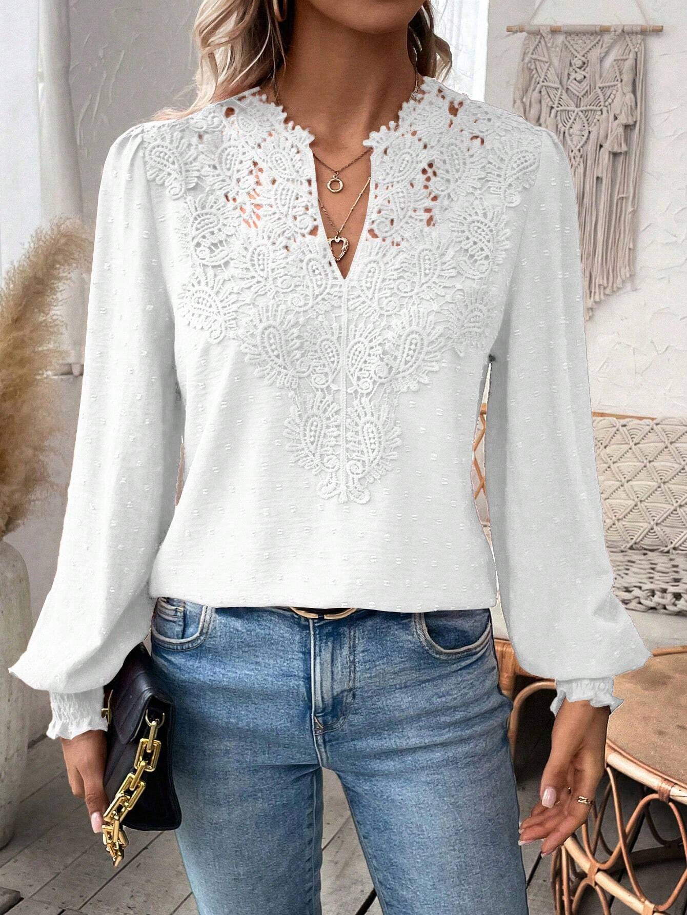 Women’s Lace Patchwork V Neck Blouse, Swiss Dot Puff Long Sleeve Casual Top