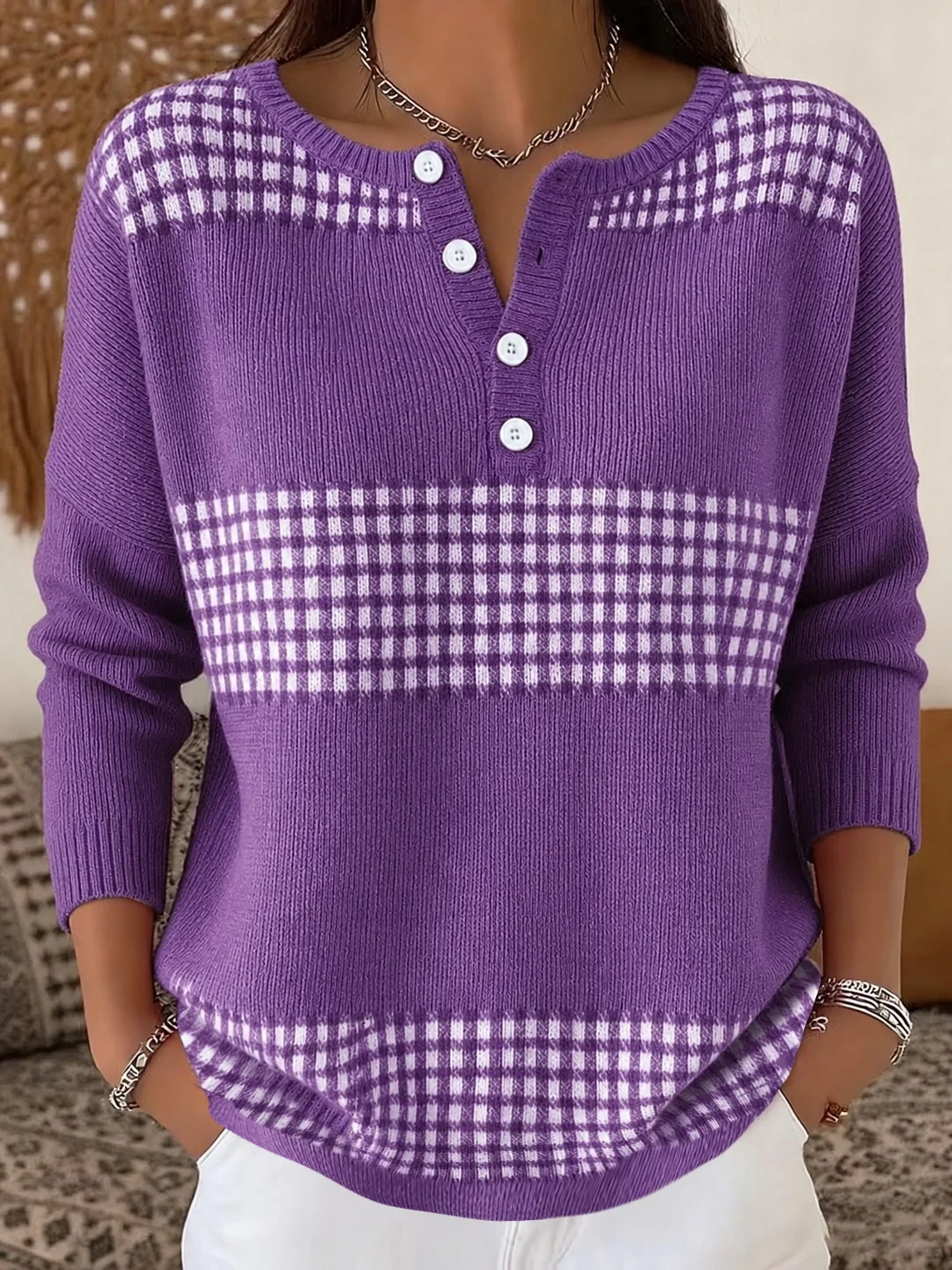 Women’s Half-Button Round Neck Plaid Colorblock Knit Sweater