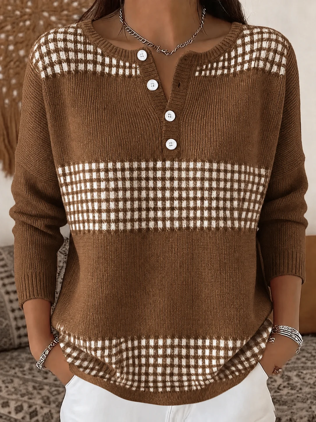 Women’s Half-Button Round Neck Plaid Colorblock Knit Sweater