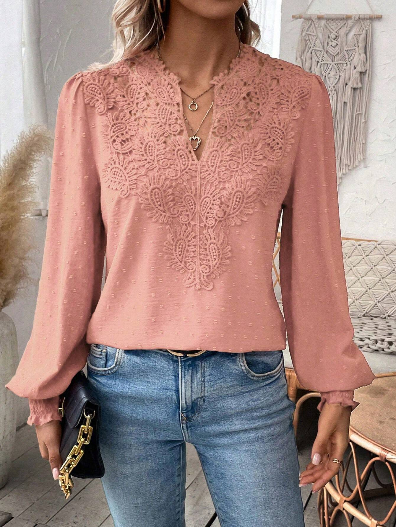 Women’s Lace Patchwork V Neck Blouse, Swiss Dot Puff Long Sleeve Casual Top