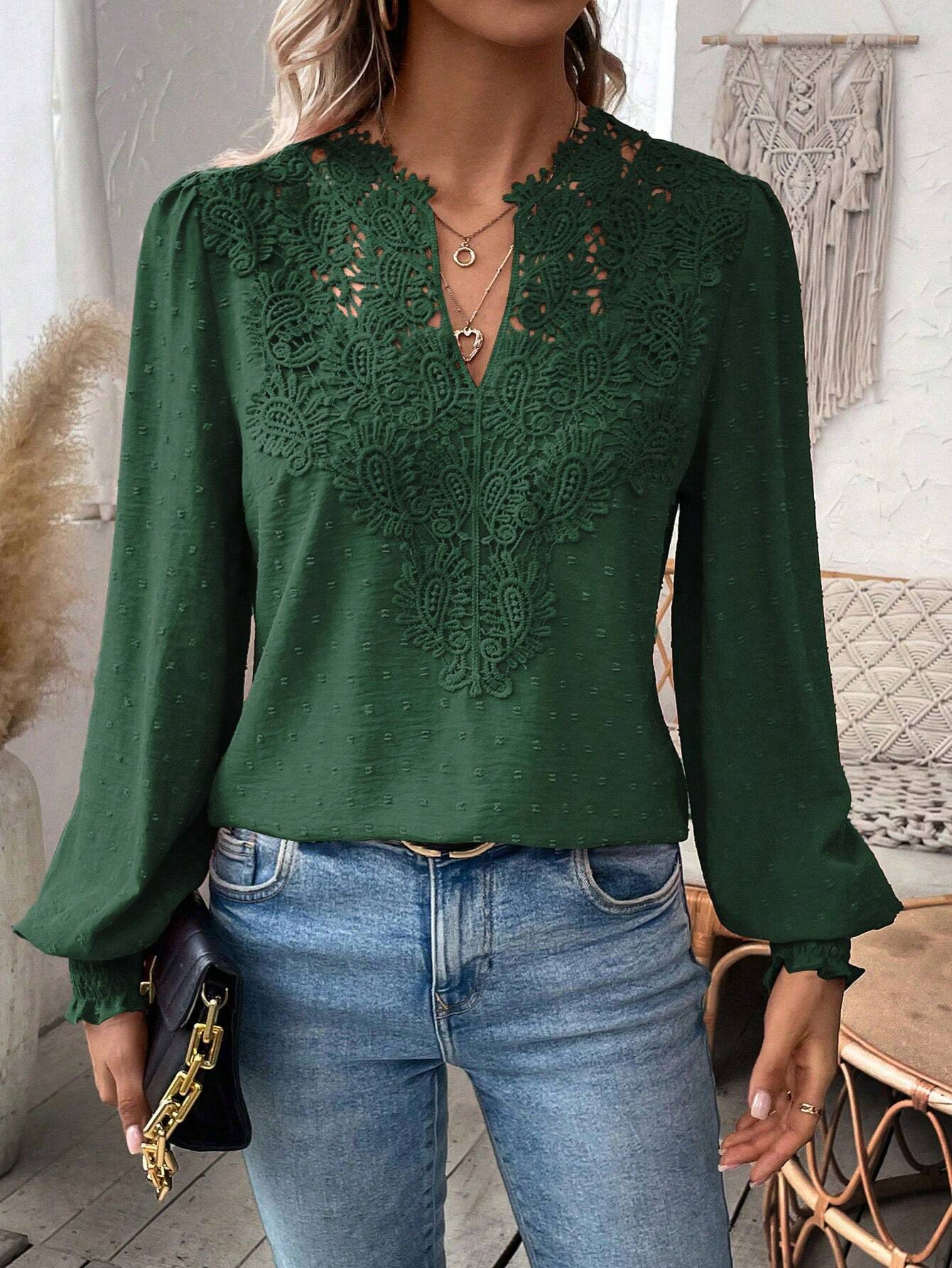 Women’s Lace Patchwork V Neck Blouse, Swiss Dot Puff Long Sleeve Casual Top