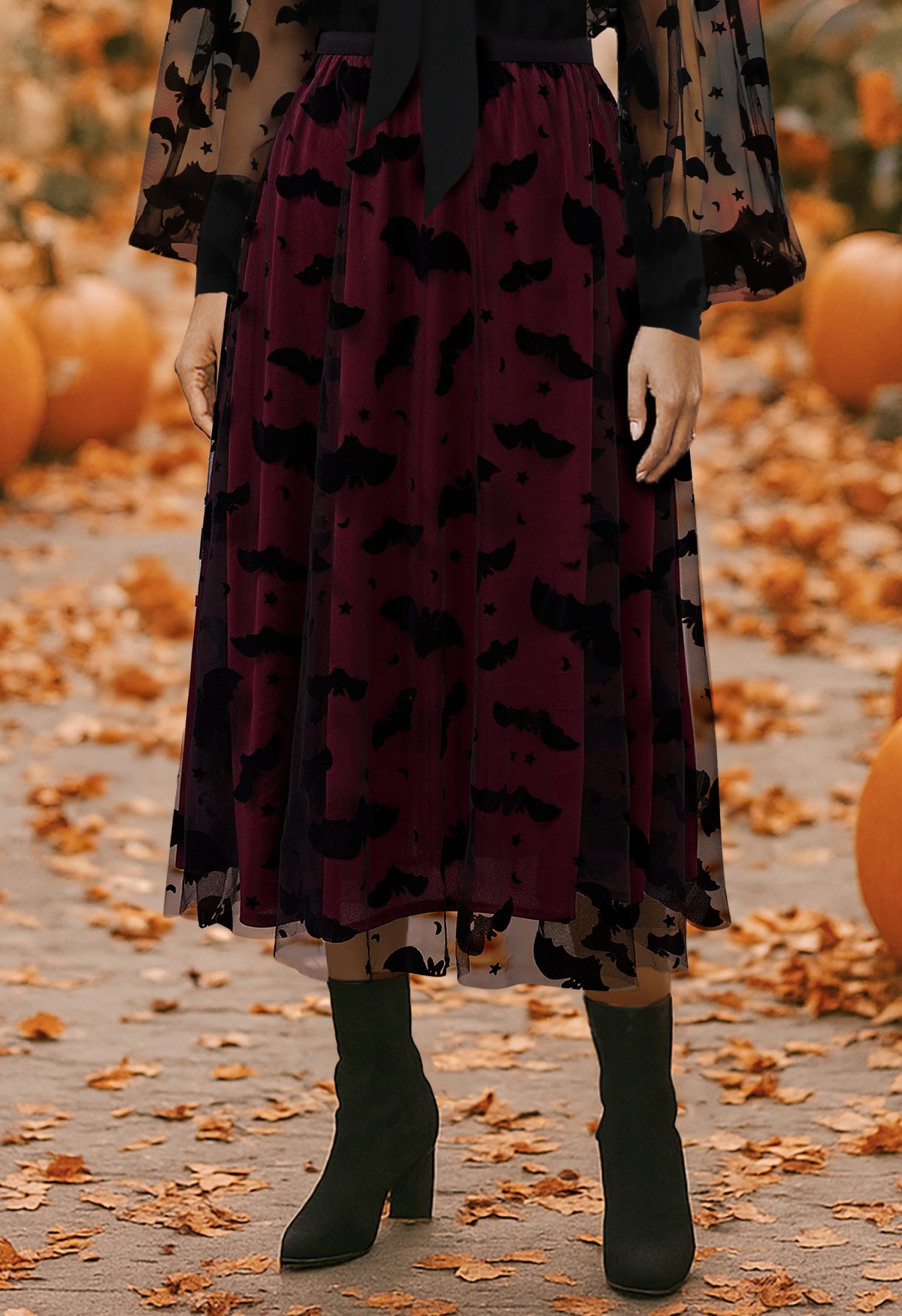 Women’s Halloween Bat Star Mesh Overlay High Waist A-Line Midi Skirt