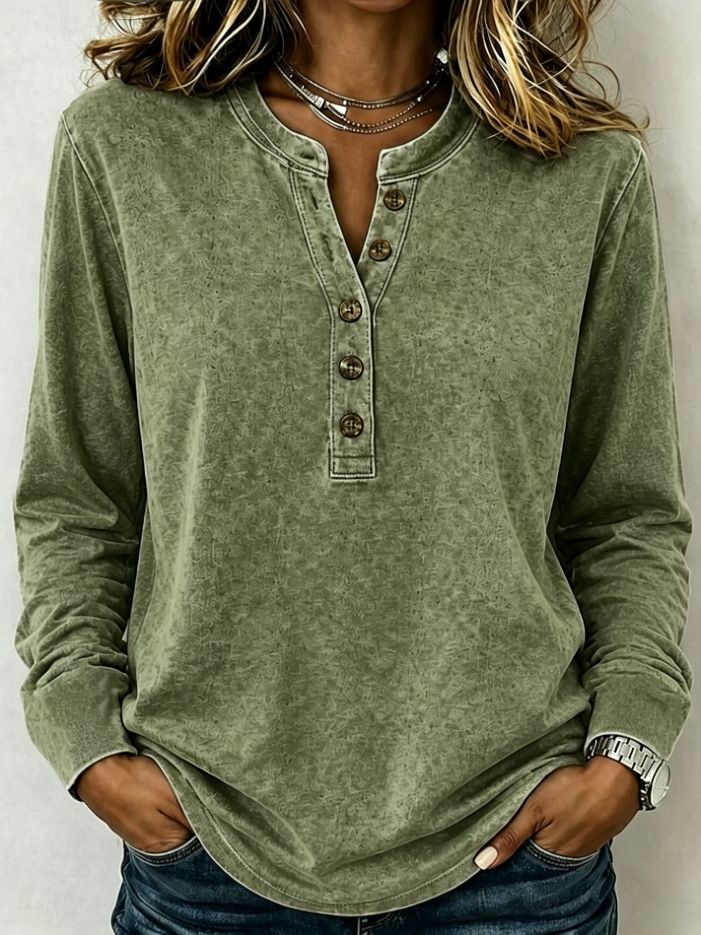 Washed Henley Neck Long Sleeve Polo Shirt