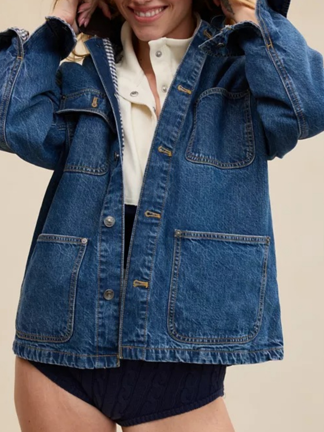 Women’s Denim Patchwork Jacket Corduroy Collar Loose Button Front Casual Coat