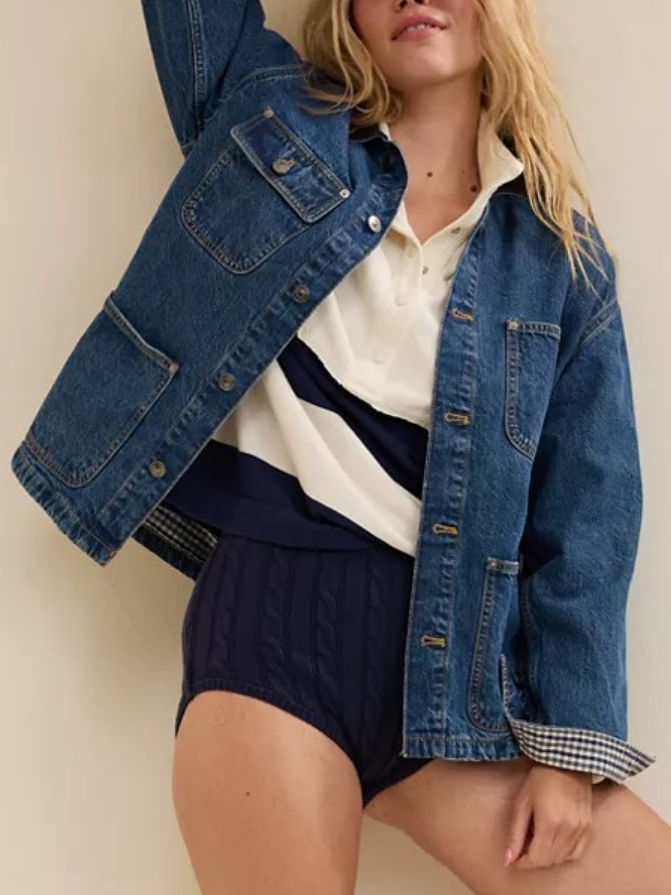 Women’s Denim Patchwork Jacket Corduroy Collar Loose Button Front Casual Coat