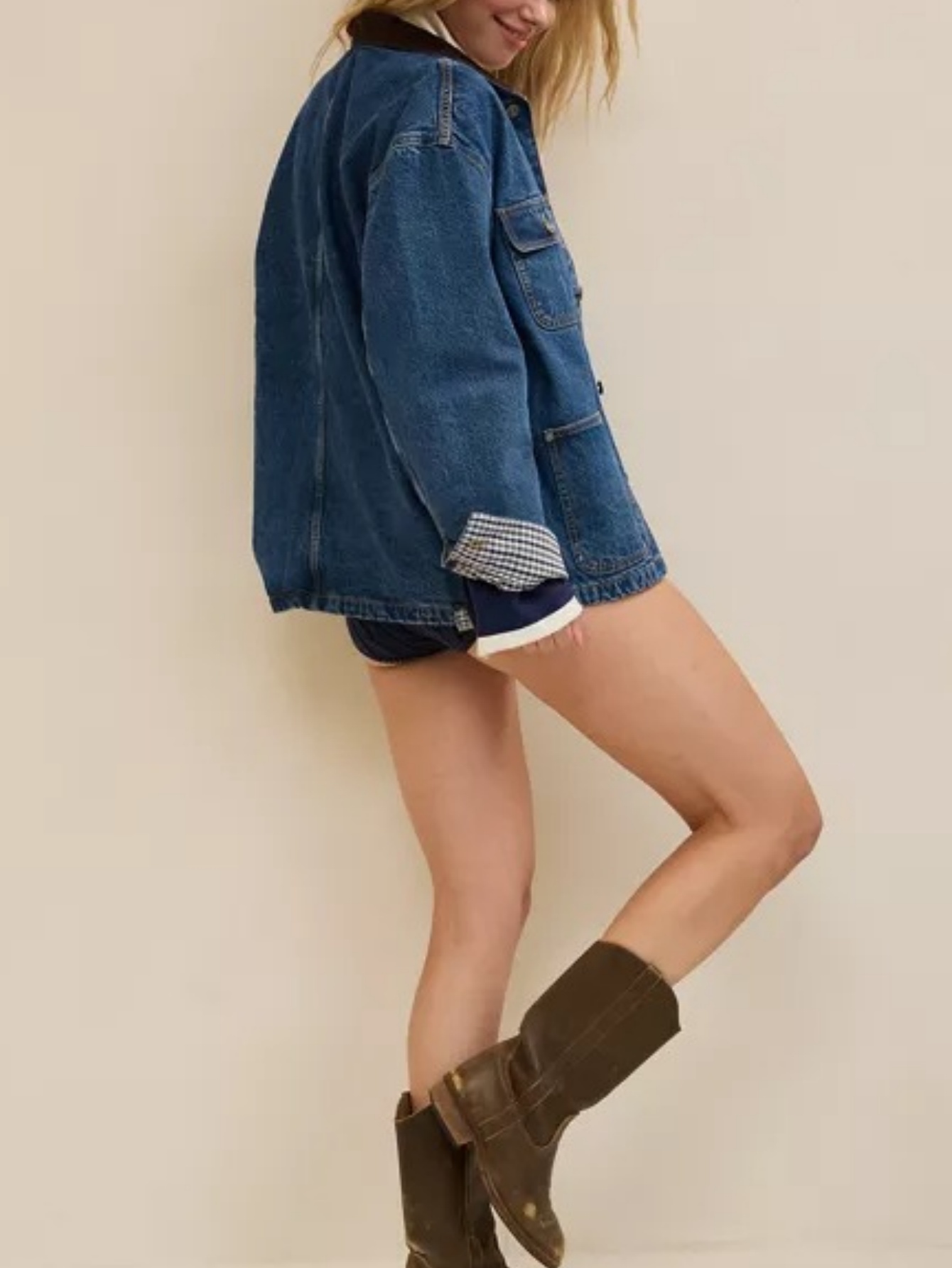 Women’s Denim Patchwork Jacket Corduroy Collar Loose Button Front Casual Coat