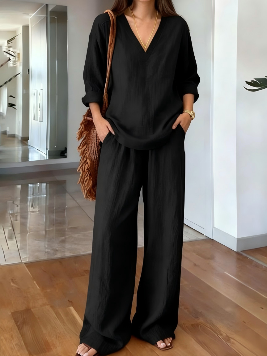 Women’s Linen Blend 2 Piece Set V Neck Top & Wide Leg Pants Casual Lounge Outfit