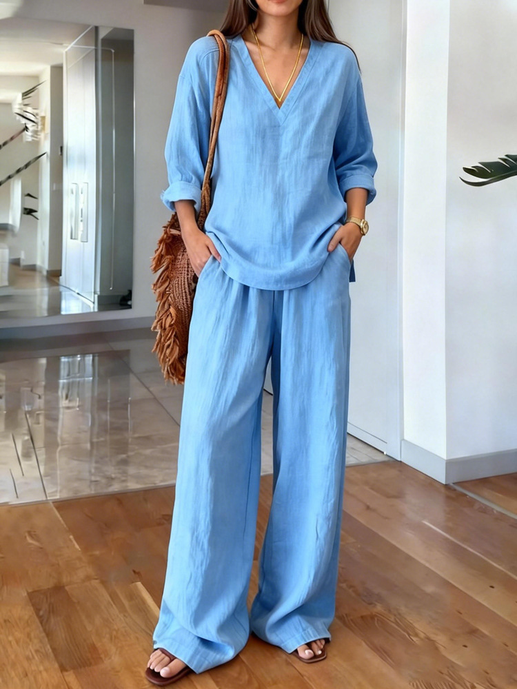 Women’s Linen Blend 2 Piece Set V Neck Top & Wide Leg Pants Casual Lounge Outfit